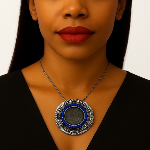 Boho Chic Silver-Tone Medallion Necklace w/ Blue  Bead & Green Crystal Accents - Picture 1 of 9